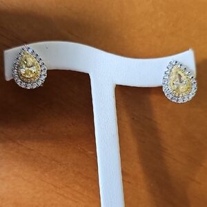 Elegant Yellow Sona/Clear Diamond and Silver Teardrop Earrings